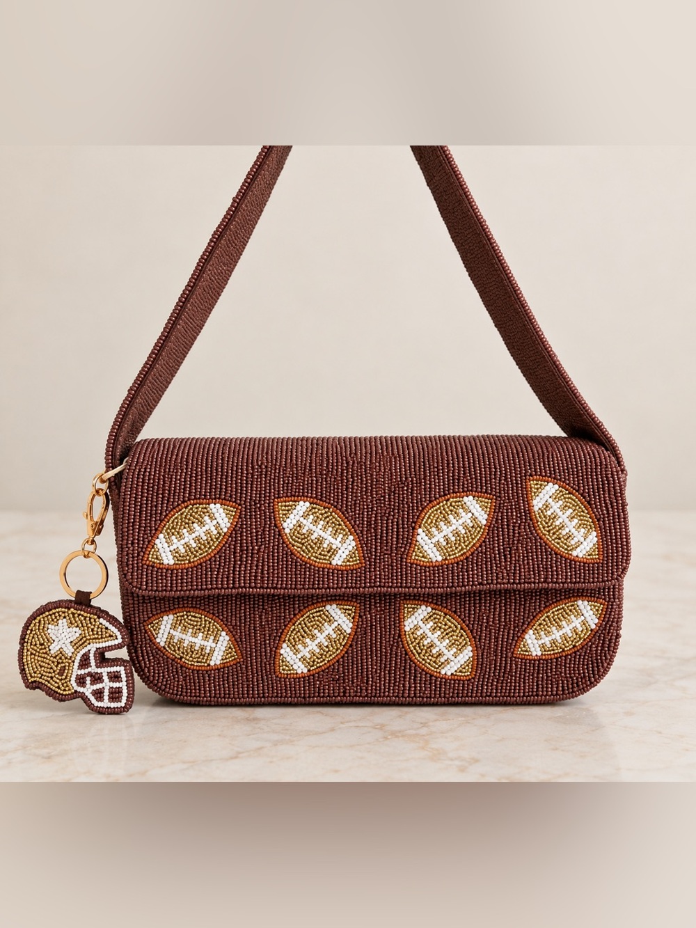 Sol and Mer | Fall Football Chocolate Brown Beaded Bag w/ Matching Bag Charm 🏈🍂